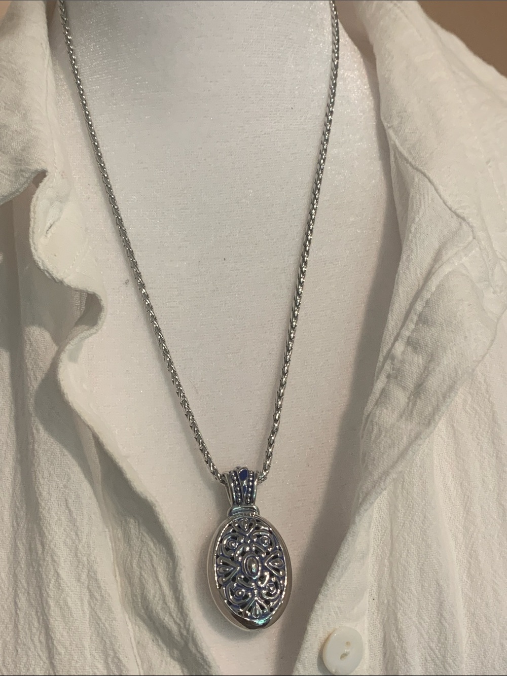 Ornate Silver Tone Blue Enamel Oval Filigree Pendant Necklace - Women
